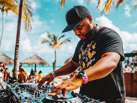 energético DJ actuación a un tropical playa evento foto