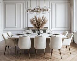 Elegant dining room featuring modern decor with stylish table setting photo