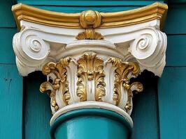 Intricate architectural column design with golden accents photo