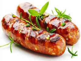 Grilled sausages garnished with herbs on a white background photo