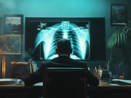 Doctor analyzing an x-ray in a dimly lit office environment photo