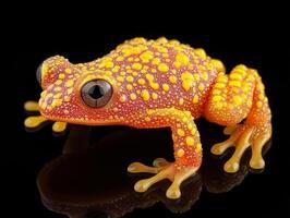 Brightly colored tropical frog on dark background photo