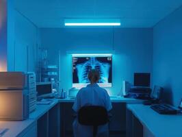 Medical professional analyzes lung X-ray in modern clinic setting photo