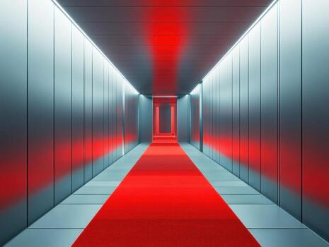 Brightly lit corridor with red carpet and modern design in a venue photo
