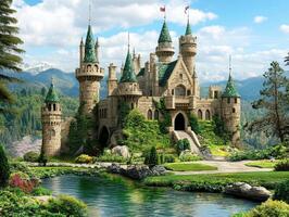 Majestic castle surrounded by lush greenery and tranquil water photo