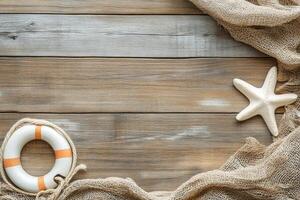 Decorative coastal elements on wooden surface for beach themes photo