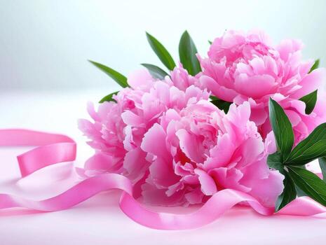 Beautiful pink peonies with ribbons on a soft background photo