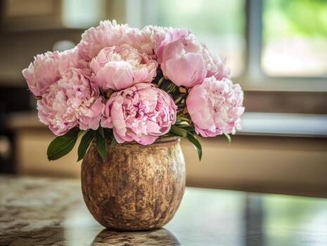Fresco rosado peonías arreglado en un rústico florero en un cocina encimera foto