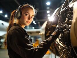Young woman working on aircraft engine in aviation workshop photo
