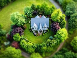Beautiful house surrounded by lush greenery in a serene landscape photo