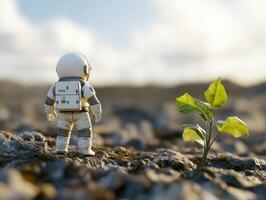 Astronaut discovers a single green plant on a barren landscape photo