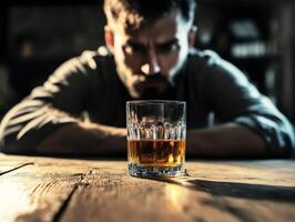 Man reflecting on life with whiskey in a dimly lit room photo