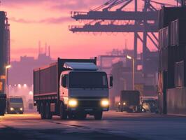 Sunset at the cargo port with trucks and containers in motion photo