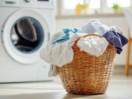 Laundry basket filled with clean clothes beside washing machine photo