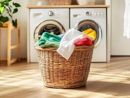 Laundry basket filled with colorful towels in bright laundry room photo