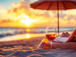 Sunset beach relaxation with wine and umbrella photo