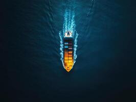 Large cargo ship navigating through calm ocean waters at sunset photo