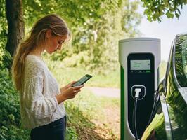 Charging an electric vehicle in a serene outdoor setting photo