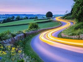 Winding country road with light trails at twilight in rural landscape photo