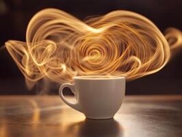 Steam swirls gracefully above a white coffee cup in a cozy setting photo