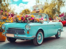 Vintage convertible adorned with flowers at a lively market photo