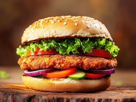 Crispy fried chicken sandwich with fresh vegetables on sesame bun photo