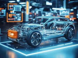 Futuristic electric vehicle displayed at technology expo photo