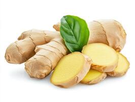 Fresh ginger root with slices and a green leaf displayed together photo