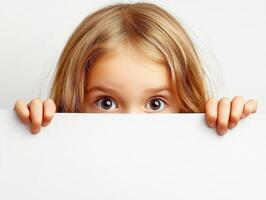 Child peeking over blank paper with curious expression photo