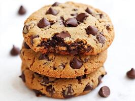 Delicious homemade chocolate chip cookies stacked high photo