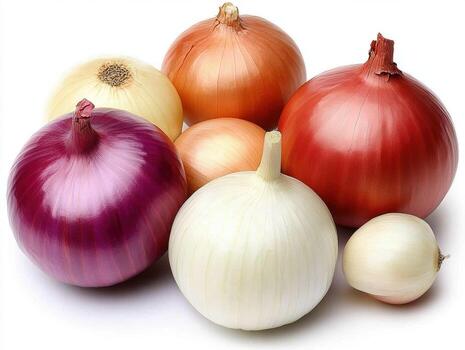 Variety of onions displayed on a white background for culinary use photo