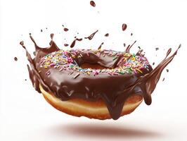Chocolate donut splashing with colorful sprinkles in mid-air photo