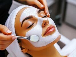Woman enjoying a facial treatment at a spa in serene setting photo