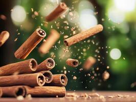 Cinnamon sticks flying in the air during a kitchen preparation session photo