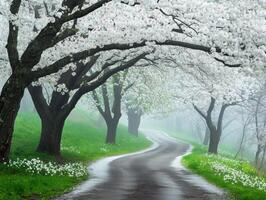 Spring road through blossoming trees in misty landscape photo