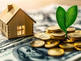A small wooden house sits atop a pile of coins on a bed of cash photo