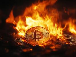 Bitcoin coin engulfed in flames with coins scattered around photo