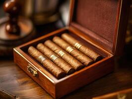Elegant wooden box filled with premium cigars on a rustic table photo