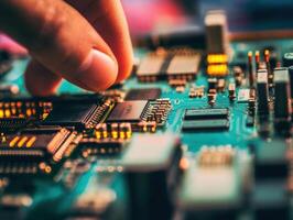 Close-up of a person assembling a circuit board in a workshop photo