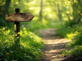 Directional sign pointing towards a nature trail in a forest photo