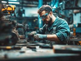 Skilled worker performing precision tasks in a busy workshop photo