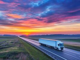 Truck driving on highway during vibrant sunset over fields photo