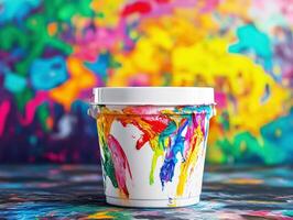 Colorful paint bucket with splashes against vibrant backdrop photo