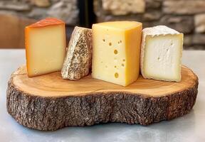 Assorted cheeses displayed on a rustic wooden board photo