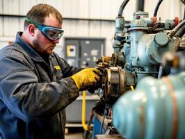 Technician repairing machinery in industrial workshop setting photo