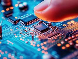 Exploring a digital circuit board with a focused fingertip photo