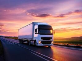 Truck driving on a highway at sunset with vibrant sky colors photo