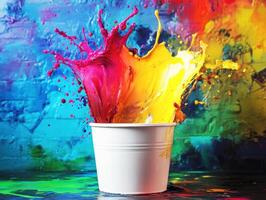 Colorful paint splashes from a bucket against a vibrant backdrop photo