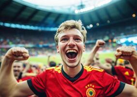 Excited fan celebrates during a thrilling soccer match in stadium photo