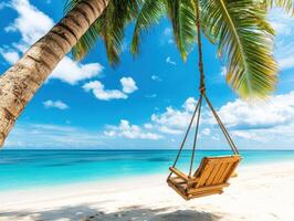 Swinging chair under palm tree by tranquil beach with blue ocean photo